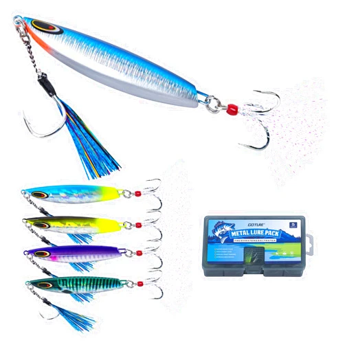 Goture Fishing Jigs, 30g 40g 50g 60g Vertical Jig Saltwater Freshwater, Jig Lures with Assist Hook and Treble Hook, 5PCS Jigging Spoon Lures with Tackle Box, Fishing Jigs for Tuna, Salmon, Bass