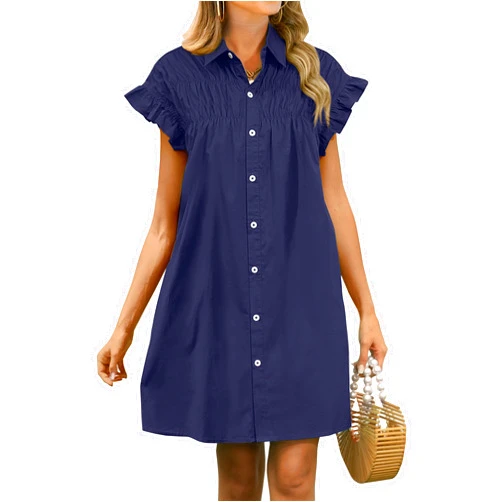 ANRABESS Womens Summer Button Down Shirt Dress Ruffle Short Sleeve Mini Dresses Loose Fit Casual Sundress with Pockets