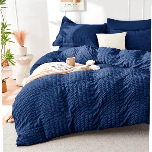 HYMOKEGE Navy Blue Duvet Cover Queen Size, Ultra Soft 3-Piece Seersucker Duvet Cover Set with Zipper Closure, Soft Brushed Microfiber Bedding Set with 8 Corner Ties (90