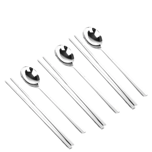 YAPULLYA Polished Stainless Steel Spoons and Chopsticks Set, Korean Chopsticks and Spoons tableware with long-hand, Reusable, set of 3-silver