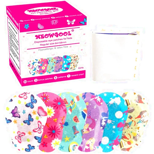 MEOWGOOL Adhesive Eye Patches for Kids with Lazy Eye, 30+3 Bonus Patches, Bandages for Amblyopia 6 Fun Girls Designs, 1 Stickers Incentive Poster (Regular Size)