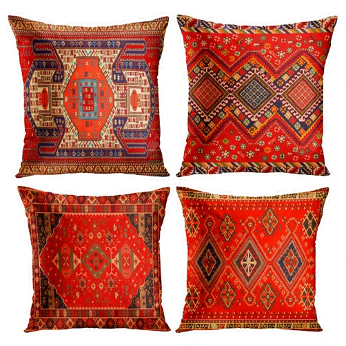 Emvency Set of 4 Throw Pillow Covers Tribal Abstract Bright Red and Yellow Vintage Persian Carpet Pattern Decorative Pillow Cases Home Decor Standard Square 18x18 Inches Floral Pillowcases