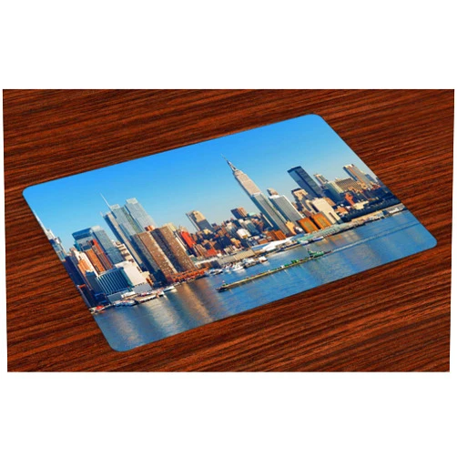 Ambesonne New York Place Mats Set of 4, Urban City Skyline Manhattan with Empire State Building Over Hudson River Panorama, Washable Fabric Placemats for Dining Room Kitchen Table Decor, Blue Grey
