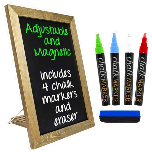 Excello Global Products Rustic Tabletop Chalkboard: Includes 4 Liquid Chalk Markers Magnetic Eraser - Adjustable Small Magnetic Board Kitchen Sign - Vintage Decoration Countertop Memo - 15