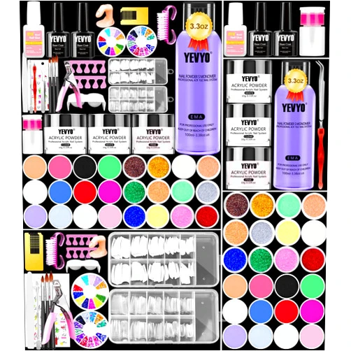 YEVYO Acrylic Nail Kit, 24 Color Glitter Acrylic Powder Monomer Liquid Set, Nail Kit Set Professional with Everything Acrylic Brushes and 200 Pcs Nail Tips for Extension Beginner