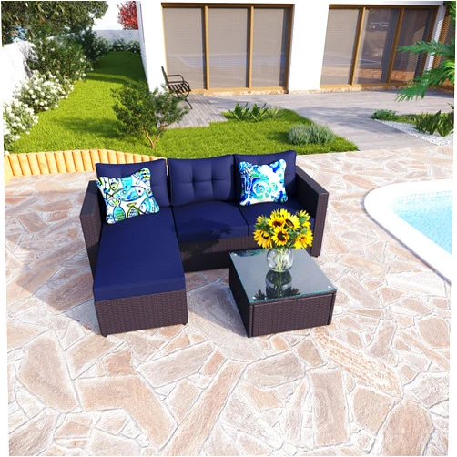 PHI VILLA Outdoor Patio Conversation Set Rattan Sectional Sofa- Small Wicker Patio Furniture Bistro Set 3-Piece, Blue