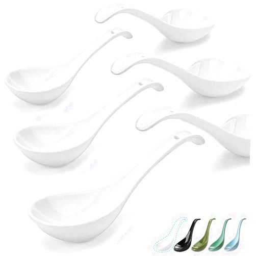 Artena Bright White 6.75 inch Asian Soup Spoons Set of 6, Ultra-fine Porcelain Tablespoon, Chinese/Japanese Kitchen Soup Spoons for Cereal, Small Spoons for Ramen Pho - Deep Oval Hook Design