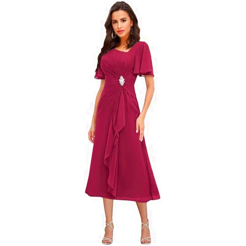 Faxpox Tea Length Mother of The Bride Dresses with Sleeves V Neck Ruffles Beaded A Line Chiffon Formal Wedding Guest Dress