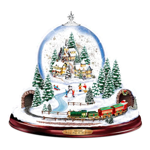 The Bradford Exchange Thomas Kinkade Journey Home for The Holidays Christmas Snow Globe Decoration with Musical Illuminated Village Miniature Moving Train Plays 8 Xmas Melodies 9.5