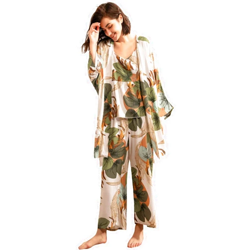 WDIRARA Women's 3 pcs Sleepwear Leaf Print Cami and Pants Pajama Set with Robe