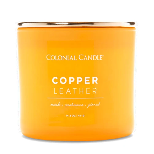 Colonial Candle Copper Leather Scented Jar Candle, Pop of Color Collection, 3 Wick, Yellow, 14.5 oz - Up to 60 Hours Burn