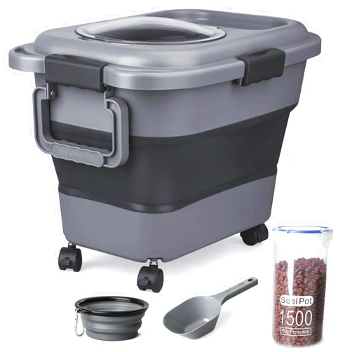 TIOVERY Dog Food Storage Container，10-20 lbs Airtight Collapsible Cat Food Storage Container with Attachable Wheels, Portable Handle, Dog Food Scoop for Dog Cat Bird Pet Dry Food Storage Bin