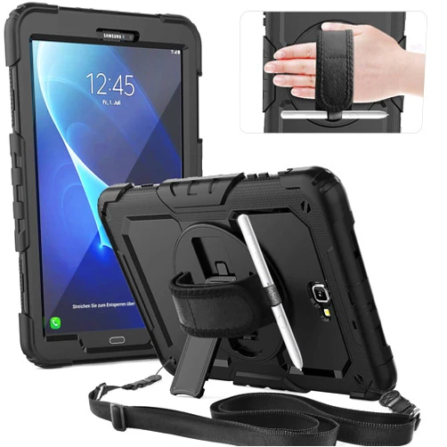 Timecity Case for Samsung Galaxy Tab A 10.1 inch 2016 Release, SM-T580 T585 T587 Case, Heavy Duty Protection Case with Screen Protector, Stand, Hand Strap and Shoulder Strap Stylus Holder - Black
