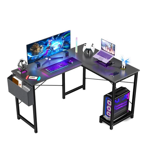 DUMOS L Shaped Computer Desk - Gaming Table Corner Desk 50 Inch PC Writing Desk Study Desks with Wooden Desktop CPU Stand Side Bag Reversible for Home Office Dorm Small Space, Black