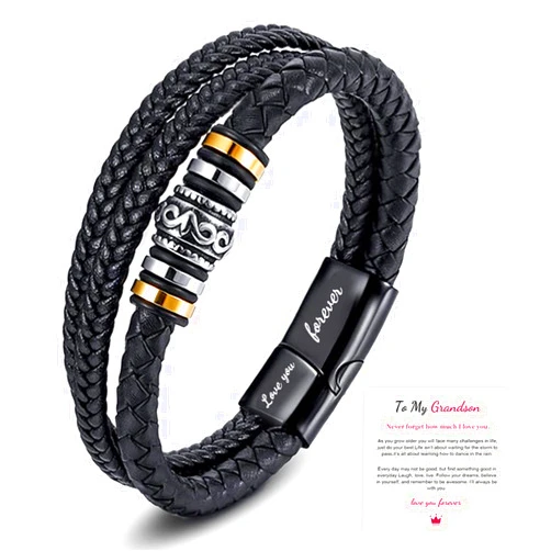 XMITHJLS To My Grandson Braided Leather Bracelet‘I Will Always Be with You'Braided Leather Bracelet for Men,Handmade Braided Rope Wristband Bracelet Gift for Son (To My Grandson)