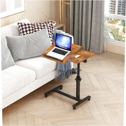 TigerDad Overbed Bedside Desk Mobile Rolling Laptop Stand Tilting Overbed Table with Wheels Height Adjustable Tray Table for Laptop Bed Sofa Side Table (Rustic Brown)