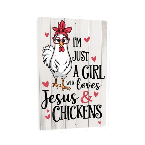 MRC Wood Products I'm Just A Girl Who Loves Jesus & Chickens Sign – Cute Rooster Wall Art, Farmhouse Metal Decor, Rustic Funny Gift For Christian Women