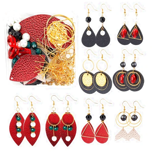 SUNNYCLUE 1 Box DIY Make 8 Pairs Leather Geometric Earring Making Kit Including PU Flat Round Teardrop Leaf Charms Geometry Links Connectors Spacer Beads for Adults Women Earring Making