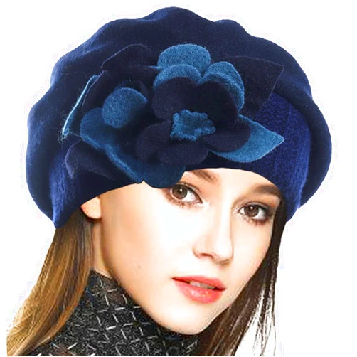 VECRY Lady French Beret 100% Wool Beret Floral Dress Beanie Winter Hat