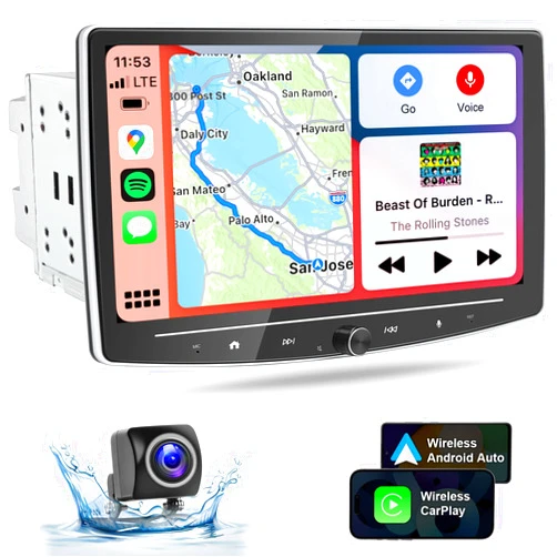 LEROAADZ 10 Inch Double Din Car Stereo Touchscreen - Detachable Floating QLED Car Radio with Apple Wireless CarPlay, Android Auto, Bluetooth, Live Rear View Camera, 2.1 Channel Audio Multimedia Receivers