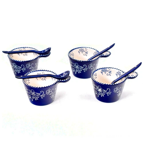 Temp-tations by Tara Temp-tations Set-of-4 Ramekins w/Spoons, (Mini Bakers) Round 6oz Single Serving (Floral Lace Blue)
