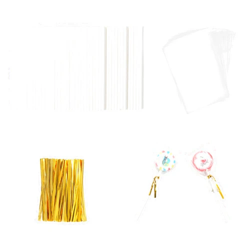 AKINGSHOP 300PCS Lollipop Sticks & Cellophane Treat Bags & Twist Ties, OPP Bags Candy Ties Paper Sticks Kit Set for Candy Cake Pop Chocolate Cookie Wrapping Buffet Party Favors (Gold)