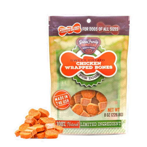 GAINES FAMILY FARMSTEAD PREMIUM PET PRODUCTS USA Gaines Family Farmstead Sweet Potato Chicken Wrapped Dog Bones, All Natural, Grain Free, Dog Treats for All Ages & Breeds, Great for Training and Rewards, Made in USA, 8 Ounce Bag