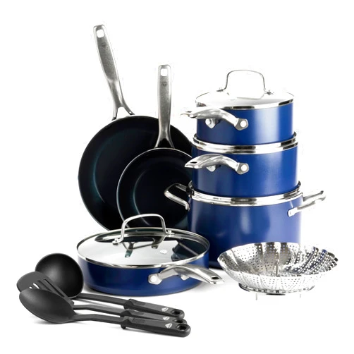 Blue Diamond 14 Piece Cookware Set, Diamond Infused PFAS & PFOA-Free Ceramic Nonstick Pots and Pans, Durable Nontoxic Metal Utensil Safe & Scratch Resistant, Dishwasher & Oven Safe, Blue