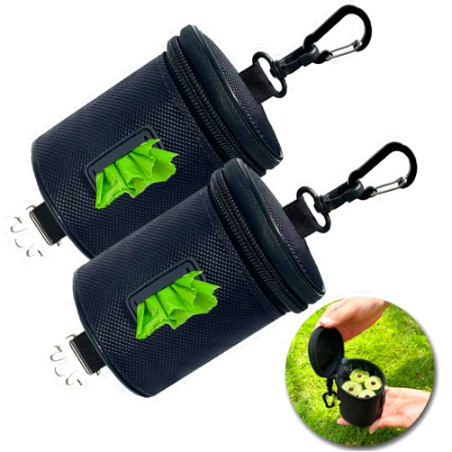 CAKOVANO (2 Pack) Dog Poop Bag Holder for Leash, Dog Poop Bag Dispenser, Upgraded Doggie Waste Bag Holder Lightweight Puppy Poop Bag Carrier, Round, Large Capacity, Fits All Dog Leash (Black)