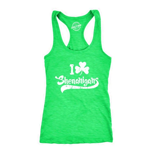Crazy Dog T-Shirts Funny St. Patrick’s Day Tank Top for Women – I Love Shenanigans Shamrock Racerback – Irish Festival Party Outfit