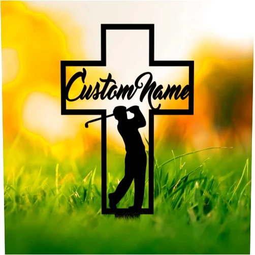 WOAH WOAH Golfing Memorial Cross Metal, Golf Memorial Gifts for Loss of Father, Golfing Garden Stake, Loss of Golf Player, Outdoor Grave Markers, Cemetery Decorations, Sympathy Gift, Personalized Stakes