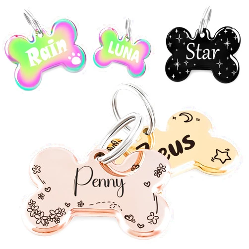 MEOW the WOOF Flower Crown Pattern Art Design - Customizable Bone Cats Dogs ID Tags - Stainless Steel Deep Engraving (Bone)