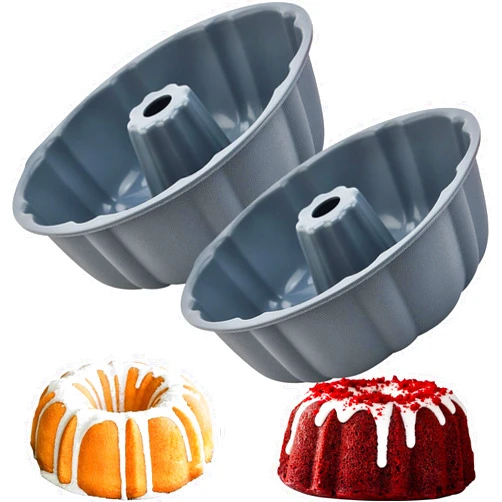 FONTSATTY Bundt cake pan Silicone Cake Mold, 10’’ Non-stick Fluted Pans Round Baking Molds for Cake, Jello, Gelatin, Brownie, Cornbread, 12 Cups,Large Size Silicone Bakeware (2pc)