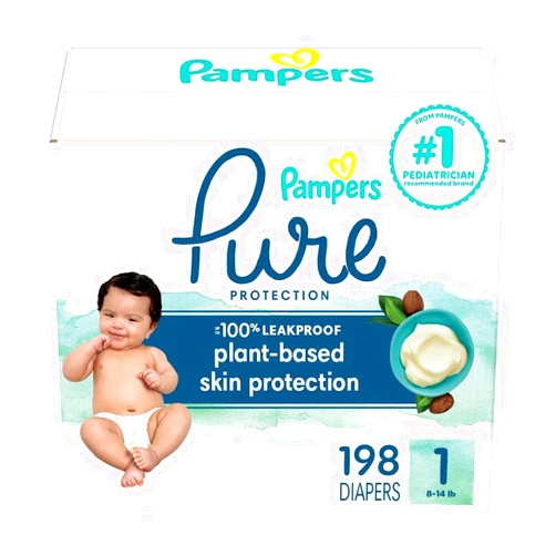 Pampers Pure Protection Diapers - Size 1, One Month Supply (198 Count), Hypoallergenic Premium Disposable Baby Diapers (Packaging May Vary)