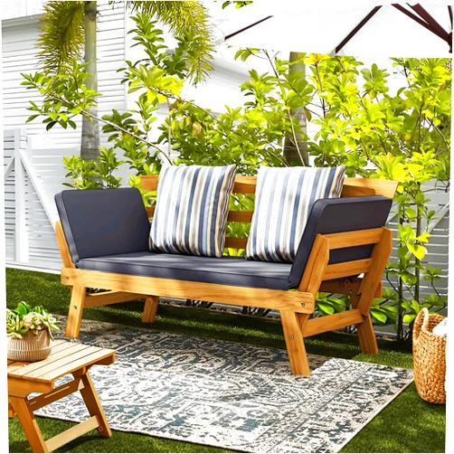 LINKLIFE Outdoor Sofa Daybed Convertible with Acacia Wood Expandable Armrest Loveseat Cushion and Pillow for Patio Balcony Lounge,Slate Gray