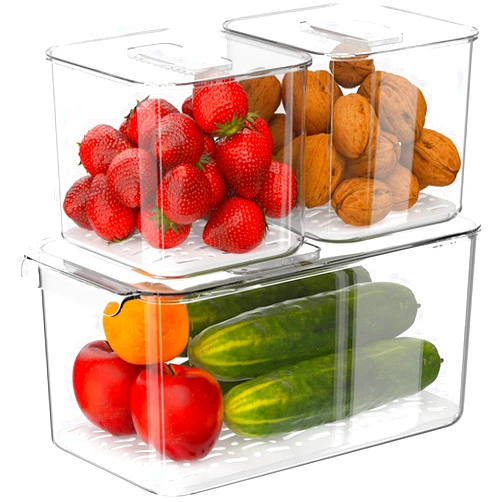 Slideep Food Storage Containers Produce Saver with Lids, Stackable Refrigerator Freezer Organizer Bins with Removable Drain Tray, Fridge Fresh Keeper for Veggie, Berry, Fruits, Vegetables 3 Pack