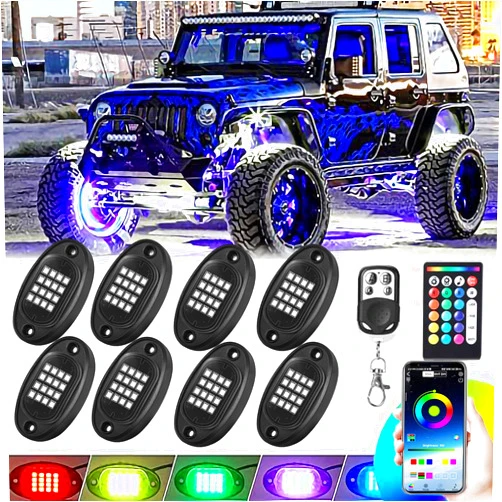 TDE Explorer.Lighting 8 Pods RGB LED Rock Lights for Trucks Golf Cart ATV UTV RZR SUV Offroad Pickup, Waterproof Multicolor Underglow Kit for Car with APP Music Mode, Underbody Neon Light Vehicle Underneath Accent 12V