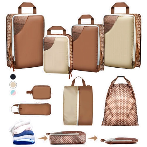Oriday Set of 8 compression packing cubes for travel accessories- Expandable bags for clothing, toiletry, backpacks, organizing essentials (Beige)