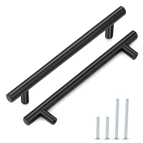 Probrico 30 Pack| 10 Inch Black Cabinet Handles with 7-1/2 Inch Hole Center Stainless Steel Cabinet Pulls Round T Bar Kitchen Cabinet Hardware Door Handles, Drawer Dresser Pulls，192mm Hole Centers