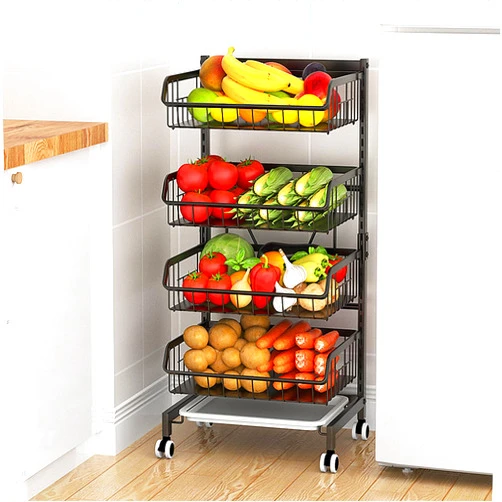 Goderewild 4-Tier Kitchen Snack Cart with Wheels – Versatile Rolling Storage Cart for Pantry, Utility Rooms – Adjustable Metal Wire Fruit & Vegetable Basket Rack (Black without cart handle, 4-Tier)