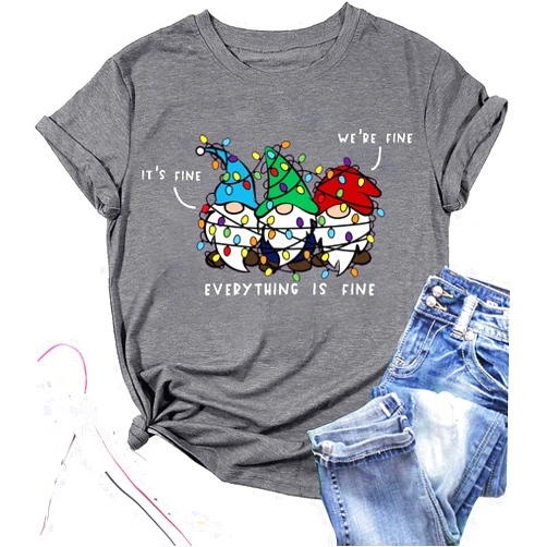FCHICH It's Fine We're Fine Shirt for Women - Christmas Gnomes Graphic Tee