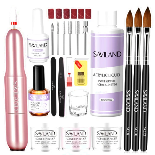SAVILAND Essentials Acrylic Nail Kit with Drill: White Pink Clear Acrylic Powder and Liquid Set Home Nail Salon Kit for Beginners with Everything Top Gel Nail Primer Brushes Forms Tools Manicure DIY