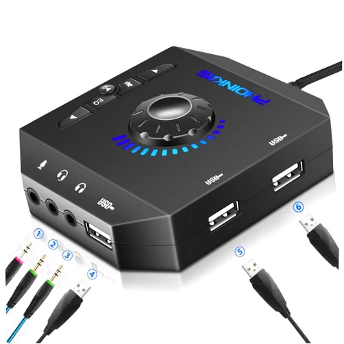 PHOINIKAS T10 External Sound Card, PHOINIKAS USB Audio Adapter for PC Windows, Mac, Linux, Laptops, Desktops, Stereo Sound Card with 3.5mm Interface & USB Interface, Volume Control, Plug & Play (6-in-1, Black)