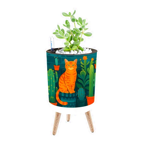 ODGNTEIVG Planter with Stand Orange Cat Surrounded by Succulents Vibrant Plant filled Setting 8.6