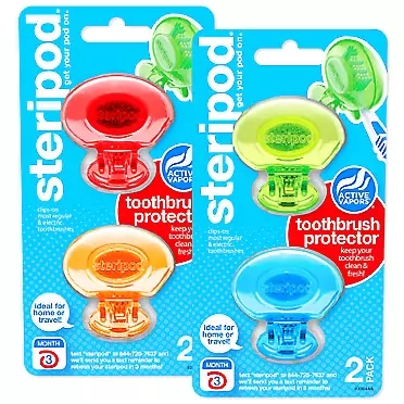 Steripod Clip-On Toothbrush Protector, Blue, Green, Red, Orange, 4 Count Blue, Green, Red, and Orange