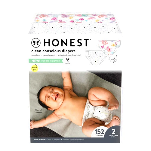 HONEST Company, Super Club Box, Clean Conscious Diapers, Young At Heart + Rose Blossom, Size 2, 152 Count (Packaging + Print May Vary), Painted Feathers & Strawberries (H01SCB00YHS2R) 152 Count (Pack of 1) Young at Heart + Rose Blossom