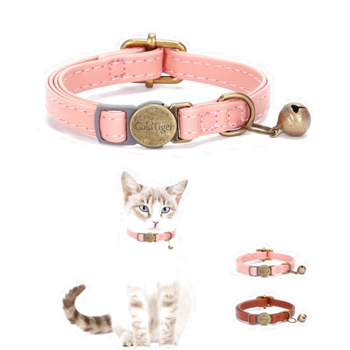 GoldTiger Vintage Style Leather Breakaway Cat Collar - Adjustable, Durable, Retro Bell - Suitable for All Types of Cats and Small Dogs (Pink)