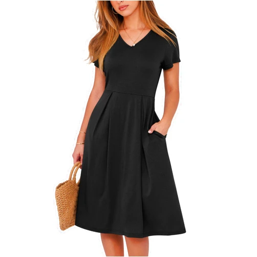 ANRABESS Women Summer Dress Casual Short Sleeve V Neck A-Line Knee Length Pleated Flowy 2025 Fashion Midi Dresses with Pocket