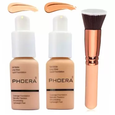 Firstfly 2 Colors Phoera Foundation 102 and 104 Natural Flawless Full Coverage Foundation Liquid Makeup with Foundation Brush, Matte Oil Control Facial Blemish Concealer Color Changing Foundation for Women Girls(102&104)