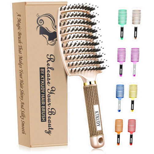 KTKUDY Detangling Brush Getting Knots Out without Pain - Boar Bristles Hair Brush Make Hair Shiny & Healthier Vented Detangler Brush for Women Men Kids Wet and Dry Hair (Gold)